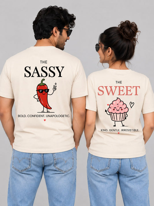 Sweet Meets Sassy Couple Matching T Shirt - couple cream back group