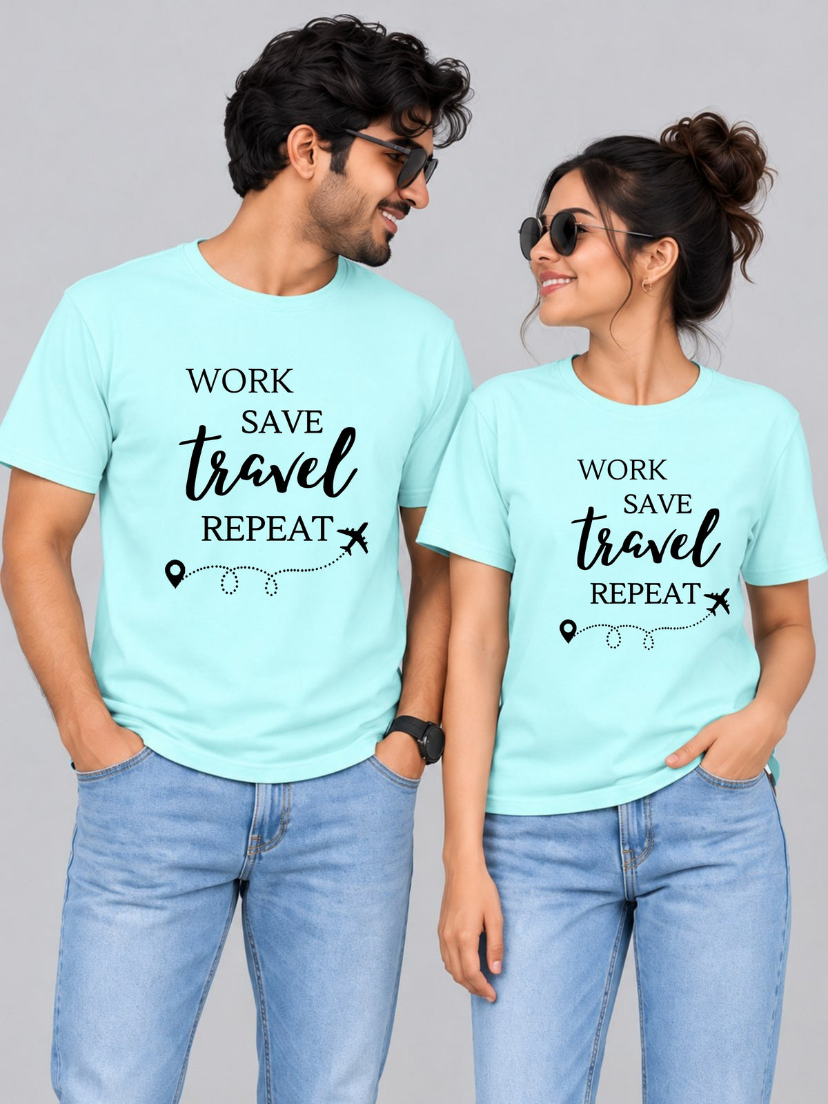 Work Save Travel Couple T Shirts - couple aqua front group
