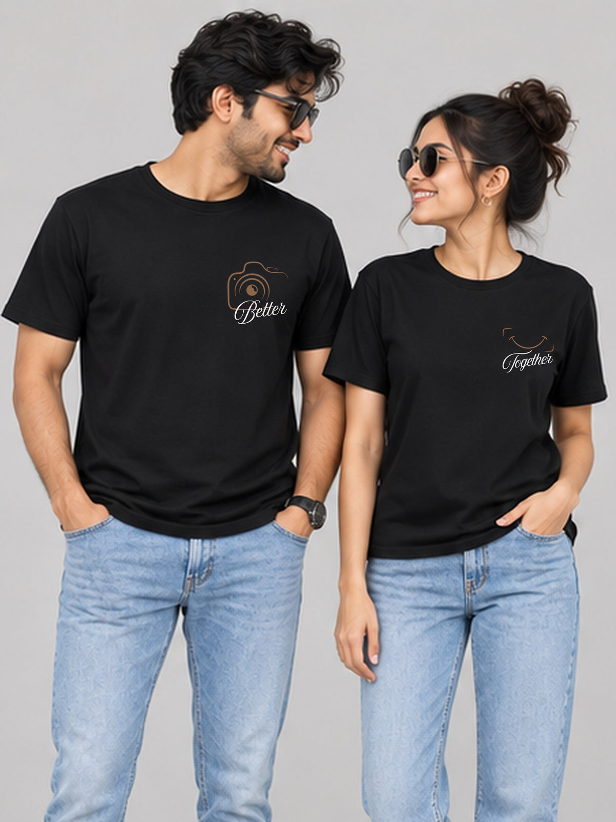 Better Together Camera Couple T Shirts - couple black front hero