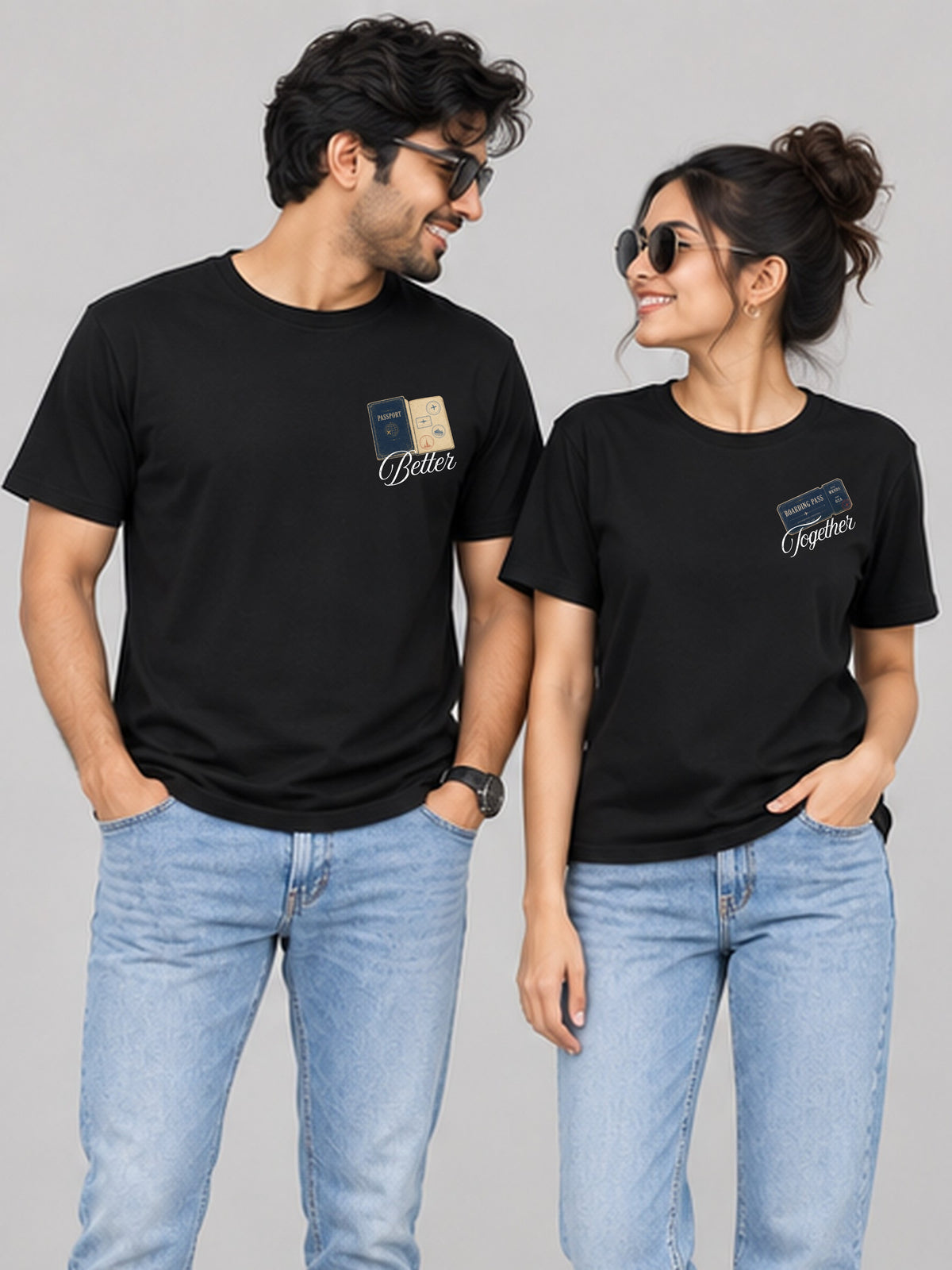 Better Together Passport Couple T Shirts - couple black front hero