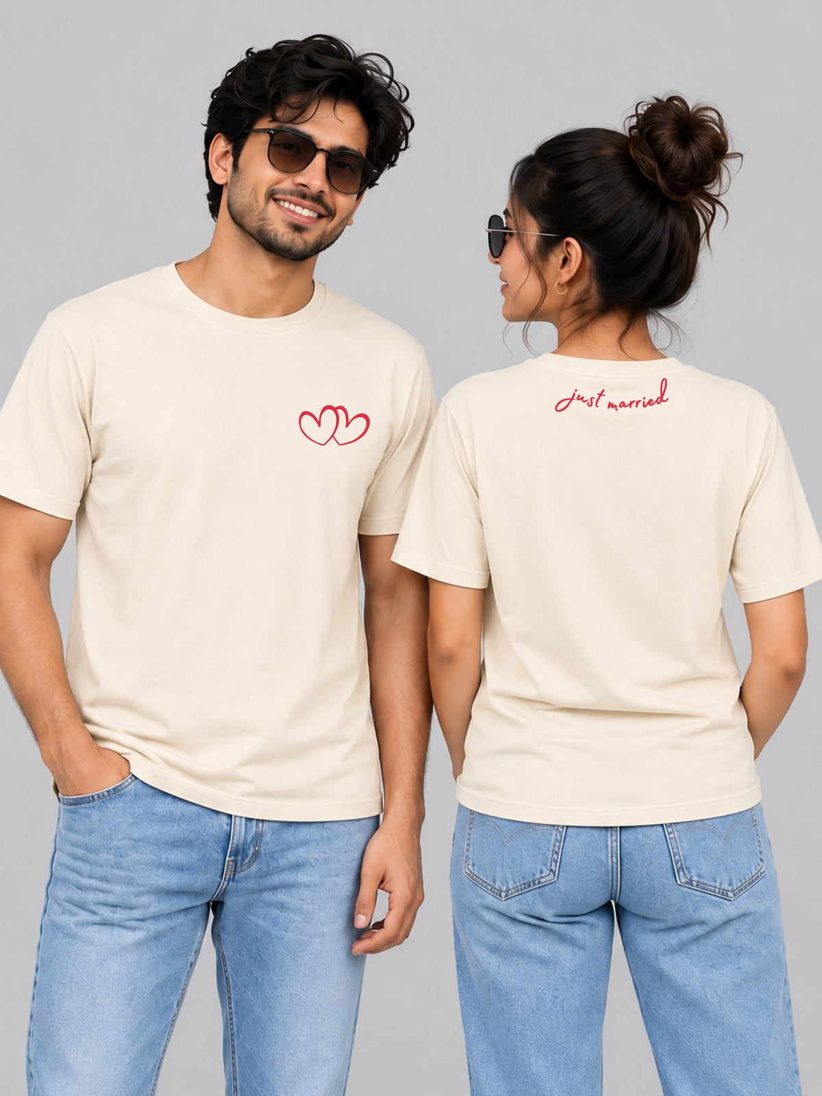 Just Married Couple T Shirts - couple cream front back hero