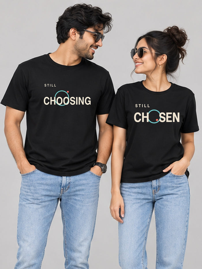 Still Chosen Couple T Shirts - couple black front hero