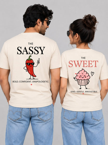 Sweet Meets Sassy Couple Matching T Shirt - couple cream back group