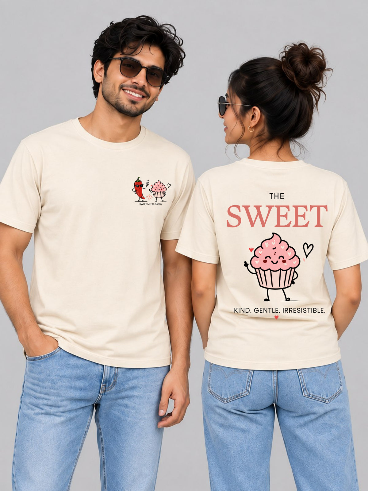 Sweet Meets Sassy Couple Matching T Shirt - couple cream front back hero
