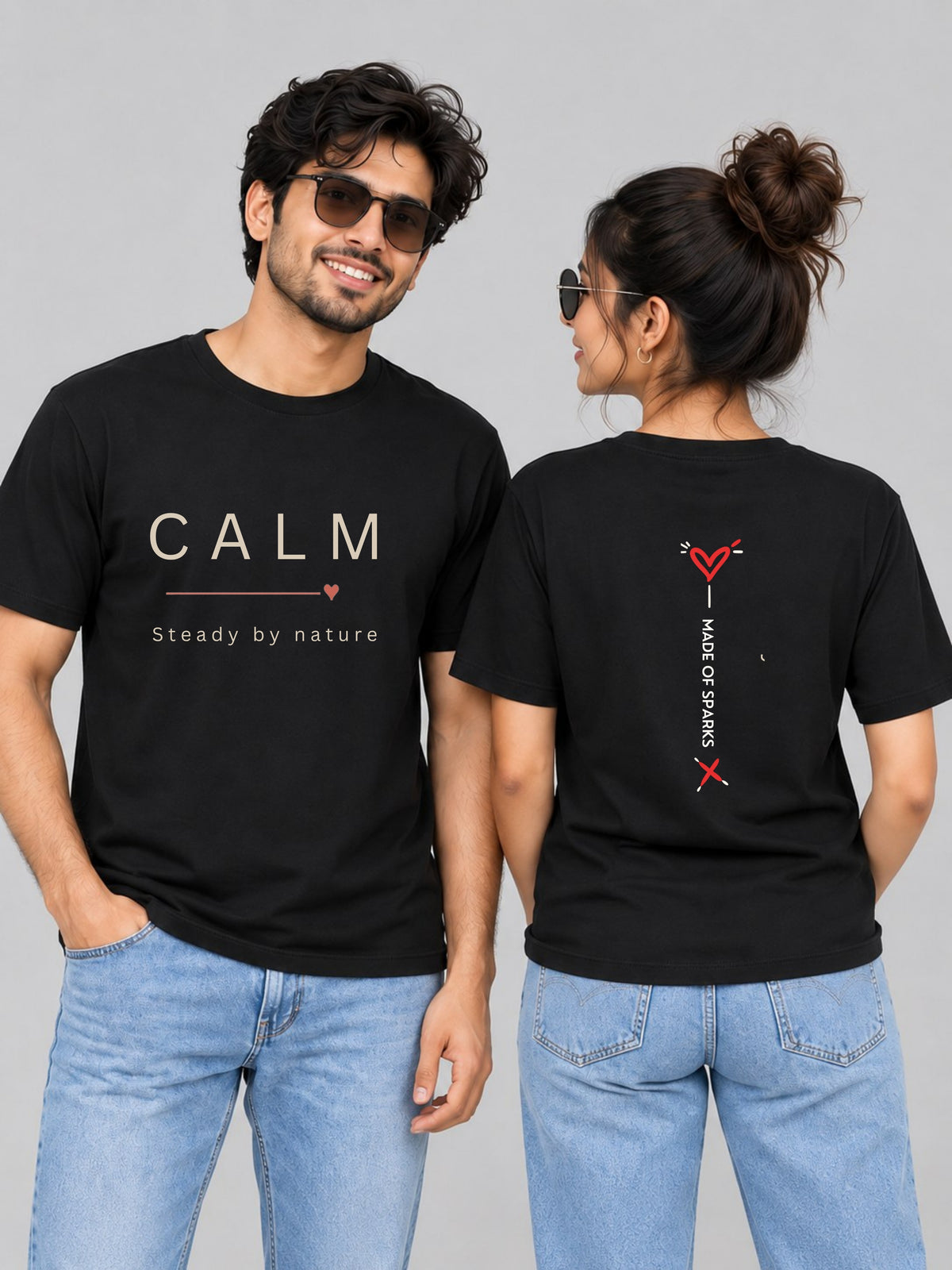 The Calm / The Fire Couple T Shirts - couple black front back hero