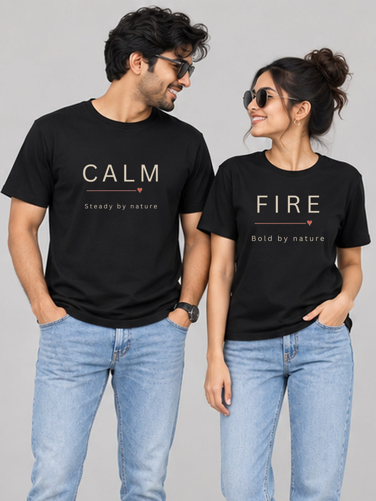 The Calm / The Fire Couple T Shirts - couple black front group
