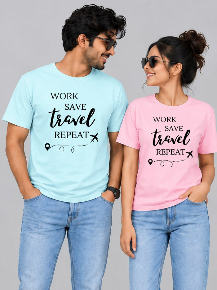 Work Save Travel Couple T Shirts - couple aqua pink front group