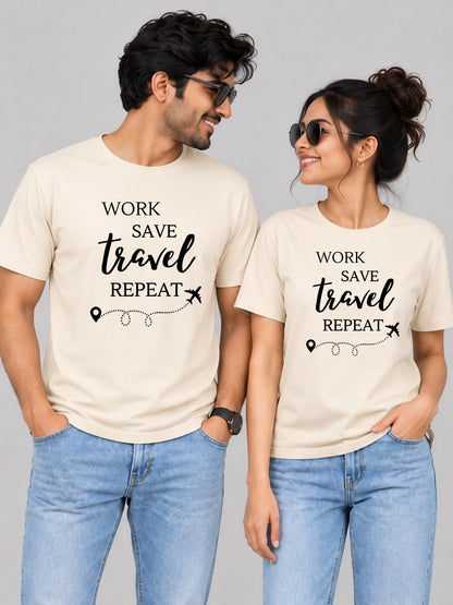 Work Save Travel Couple T Shirts - couple cream front hero